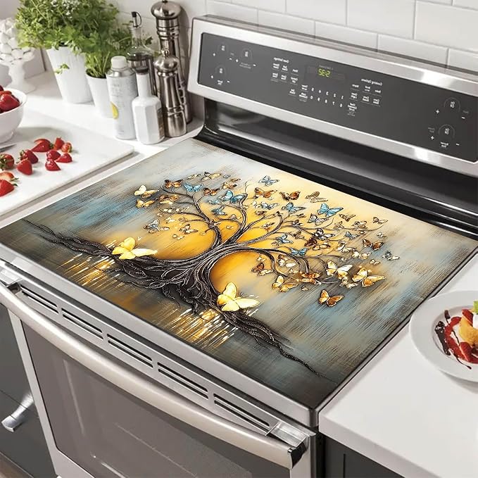 HOMETITUTE Blue Gold Butterfly Tree Stove Top Cover 28x20 Diatomite Mat