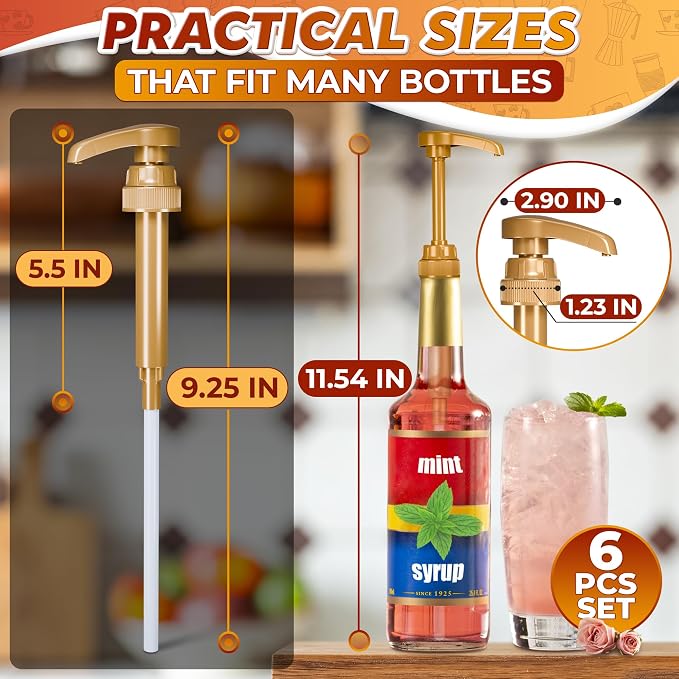 6 Pcs Coffee Syrup Dispenser Pump, Compatible with Torani & Skinny | 25.4 Oz (750ml) Glass Bottles; Precise 0.3 Oz Dispensing; Coffee Bar Accessories, Dirty Soda Bar, & Lemonade Stand Supplies