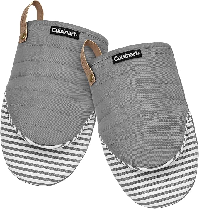 Cuisinart Mini Oven Mitts, 2-Pack 5.5"x8", Printed Silicone, 450F | Non-slip grip stripes, faux leather hang loop, cotton lining for comfort, ambidextrous for baking, cooking, and cast iron