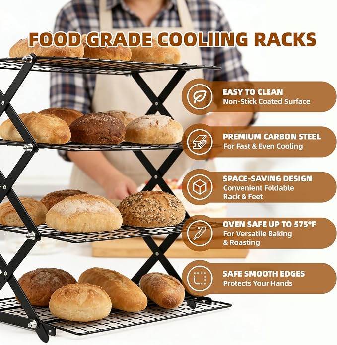 3 Tier Collapsible Cooling Rack Sourdough Cooling Rack 17"x10" | Cooling Racks for Cooking and Baking, Roasting, Grilling, Adjustable 6 Setting Design stackable, Oven & Dishwasher Safe