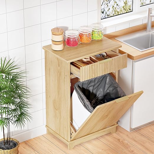 HOOBRO 10 Gallon Tilt-Out Trash Can Cabinet, Hidden Garbage Bin Storage with Drawer and Flip-Down Door with Sensor Light Strip, Dog Proof Trash Can for Kitchen Living Room, Natural NL06DLJ01