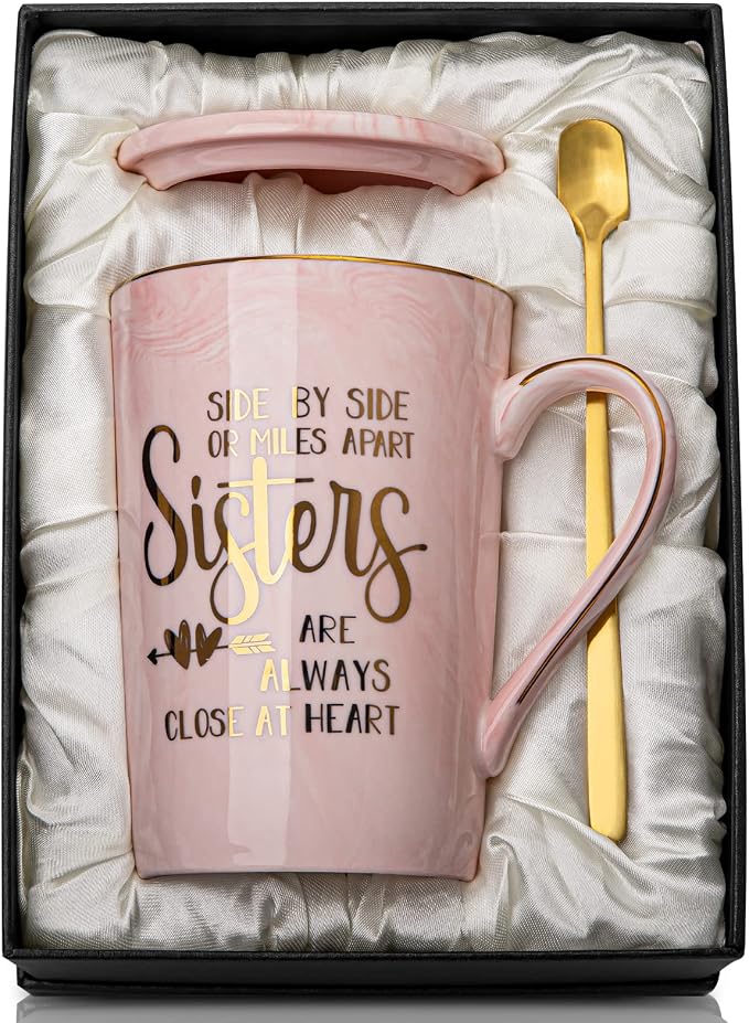 Sister Birthday Gifts for Sister from Brother Sisters, 14oz Sisters Mug | 14oz Pink Marble Coffee Mug with Gold Print, Lid, Spoon, Greeting Card and Elegant Gift Box, Present for Big Sister