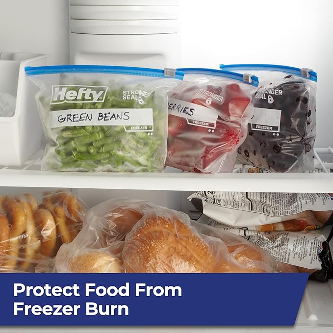 Hefty Slider Freezer Bags, Quart Size, 74ct | Quart Freezer Bags, Freeze Leftovers, Meat, Fruit, Veggies, Desserts, Secure Slider Closure