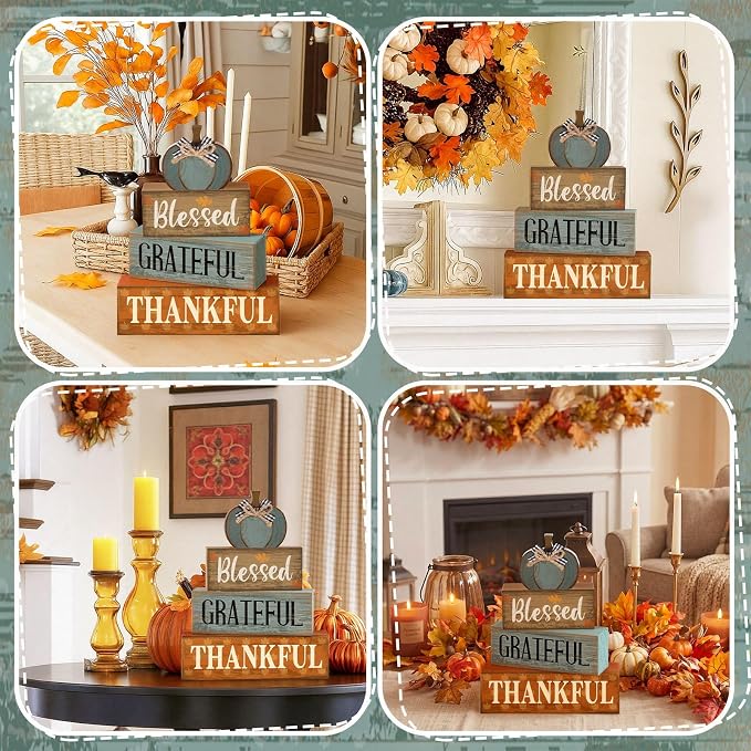Lineshading 4 Pcs Farmhouse Block Signs Tiered Tray Decor Blue Pumpkin | Rustic Wooden Stacked Signs Blessed Grateful Thankful, Sunflower Pumpkin Topper, Tabletop Centerpiece for Fall Harvest