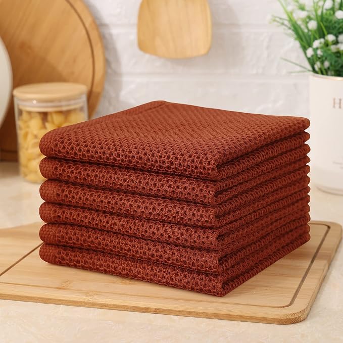 Kitinjoy 100% Cotton Waffle 6-Pack Kitchen Towels, 12" x 12", Rust | Ultra Absorbent, Super Soft, lightweight, Quick Drying Dish Rags for Washing Dishes