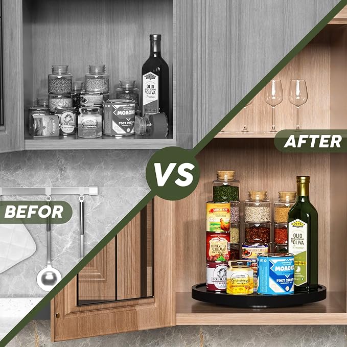 Lazy Susan for Table, 12 Inch Non-Skid Bamboo Turntable Organizer | Salt Pepper Spices and Olive Oil Next to Stove, Wooden Rotating Tray for Kitchen Countertop Organizer, Black