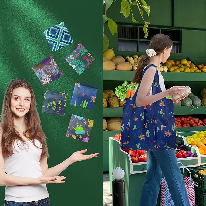 Foldable Reusable Shopping Bags,6 Pack Heavy Duty Tote for Grocery | Lightweight Polyester, machine washable. Compact fold fits in purse. Sturdy 50lb capacity. Great for groceries&travel,Beach