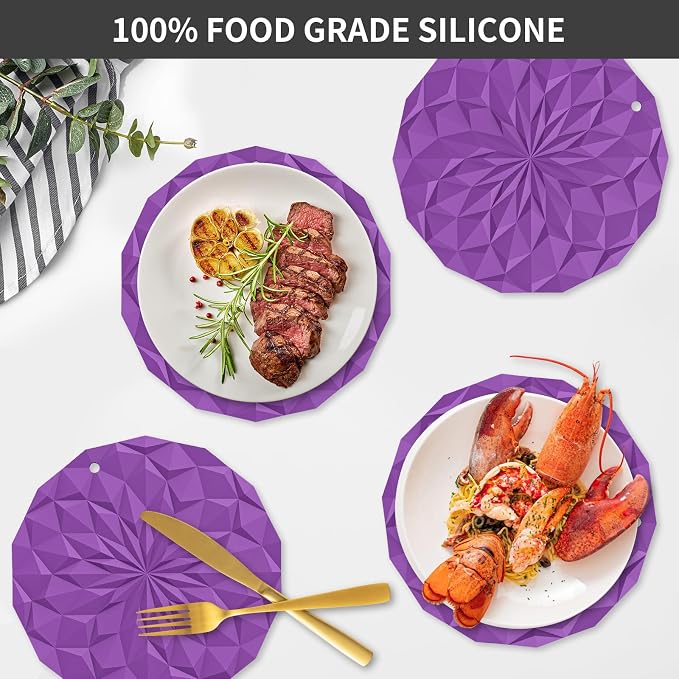 ME.FAN Silicone Trivet Mats - 4 Pack Pot Holders - 7.4'' Thickened Hot Pads for Hot pots, Pans and Dishes, Heat Resistant Silicone Trivet for Table and Counter Top Deep Purple