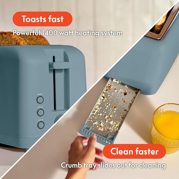 bella Fits-Anywhere™ Slim Toaster, 4 Slice Extra Long & Wide Slot, Surf
