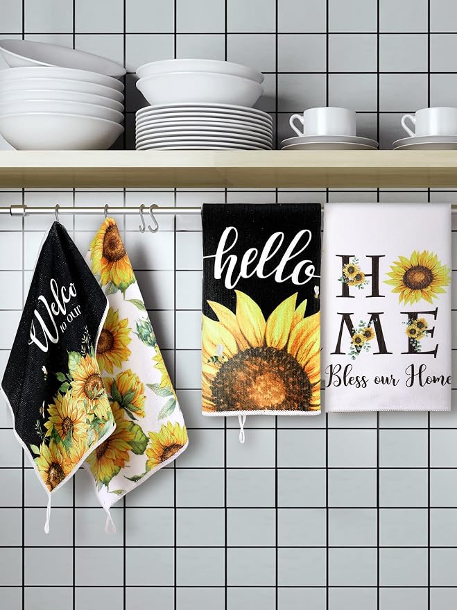 4 Pcs Sunflower Kitchen Towels, Welcome Home Hand Tea Towels Gift | Absorbent Fast Drying Dish Clothes Floral Black Yellow Decor Housewarming Gift for Cooking Bathroom Kitchen Decor