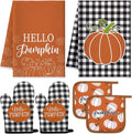 Leinuosen 6 Pack Fall Thanksgiving Kitchen Set with 2 Hello Pumpkin Dish Towels, 2 Pot Holders and 2 Buffalo Plaid Oven Mitts for Gifting, Baking and Cooking