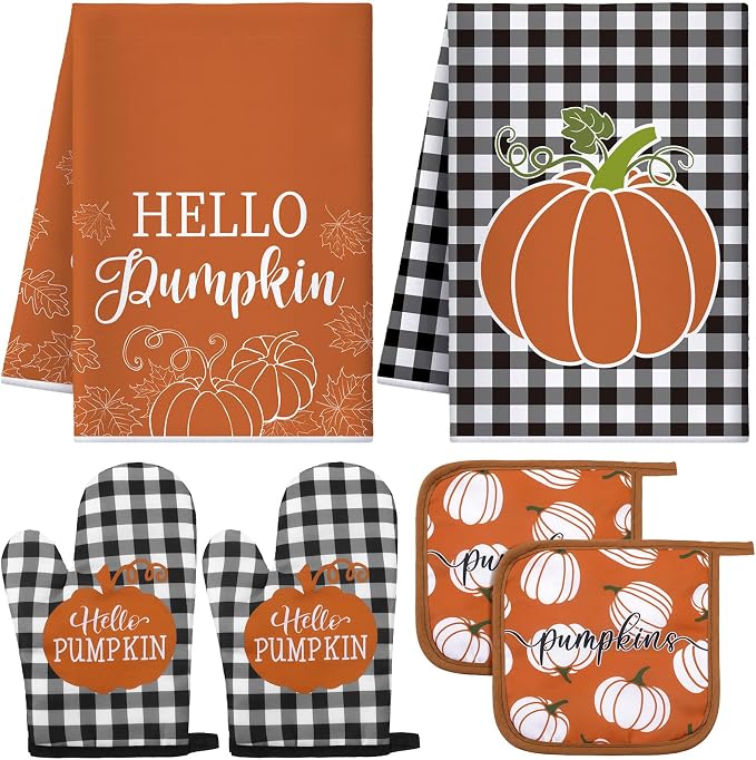 Leinuosen 6 Pack Fall Thanksgiving Kitchen Set with 2 Hello Pumpkin Dish Towels, 2 Pot Holders and 2 Buffalo Plaid Oven Mitts for Gifting, Baking and Cooking