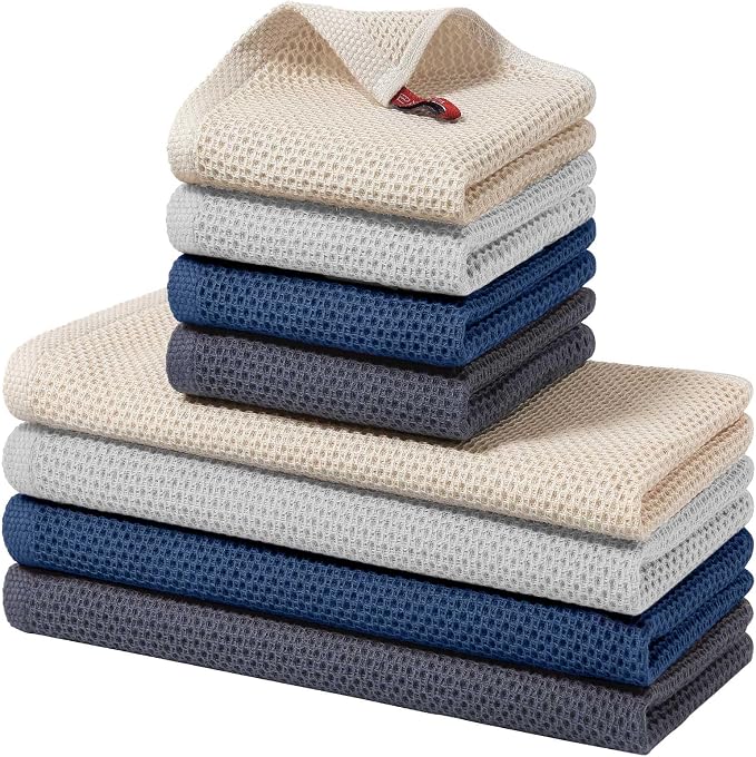 Homaxy 8 Pack 100% Cotton Kitchen Towels and Dishcloths Set, Assorted | 12 x 12 Inches and 13 x 28 Inches Kitchen Towels Set, Ultra Soft Absorbent Dish Cloths for Washing Dishes