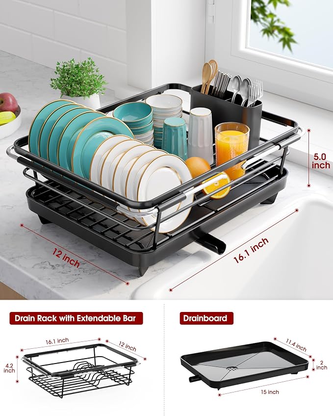 Sakugi Extendable Dish Drying Rack Over Sink with Dish Drainer, Sink Organization and Storage Essentials with Silverware & Utensil Holder, Home and Apartment Decor, 12" W x 16.1~23" L, Black