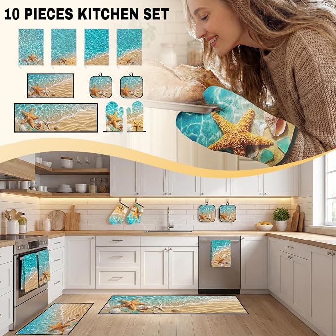 10 Pcs Starfish Beach Kitchen Decor and Accessories Set, 4 Kitchen Dish Towels 2 Rugs 2 Oven Mitts 2 Pot Holders, Home Decor for Cooking Baking BBQ Gifts Women Mom Housewarming