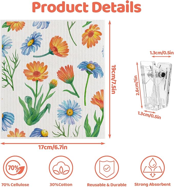 Needbrock 6 Pack Spring Floral Swedish Dishcloths for Kitchen, Swedish Rag | Absorbent Dish Towel with Adhesive Clips, Reusable Paper Towels No Odor for Countertop Dishes Cleaning Kitchen
