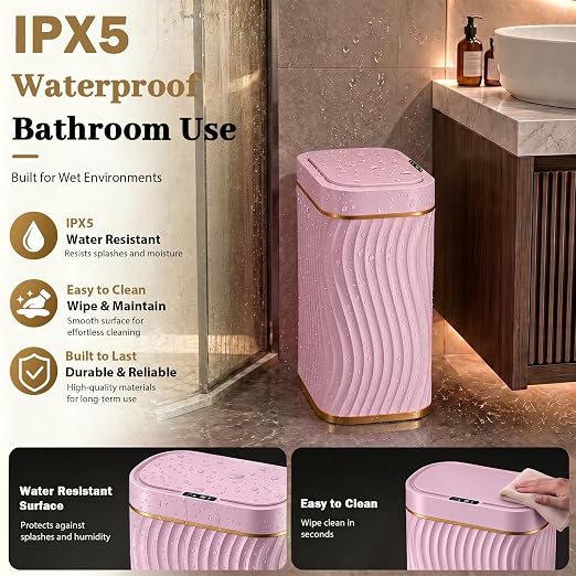 2.6 Gallon Automatic Bathroom Trash Can with Touchless Lid,Pink Gold | Motion Sensor Trash Can with Slim Waterproof Body; Small Plastic Garbage Can, hands-free lid for Bedroom, office, and kitchen