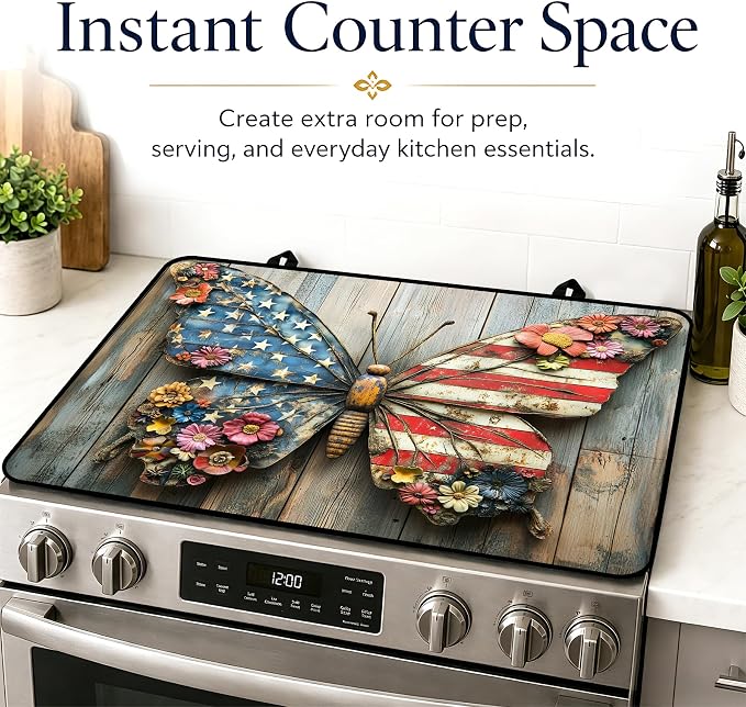 Patriotic Electric Stove Top Cover | Heat Resistant Glass Cooktop Protector for Kitchen Ceramic Countertops, Multiuse Stove Cover and Dish Drying Mat