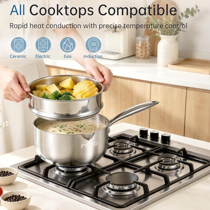 Tri-Ply Stainless Steel Sauce Pan, 2.5 Qt Saucepan with Steamer | Non-Toxic, Dual Pour Spouts, Measurement Mark, Anti-Scald Handle, Compatible All Cooktops, Oven Safe 500°F, Dishwasher Safe