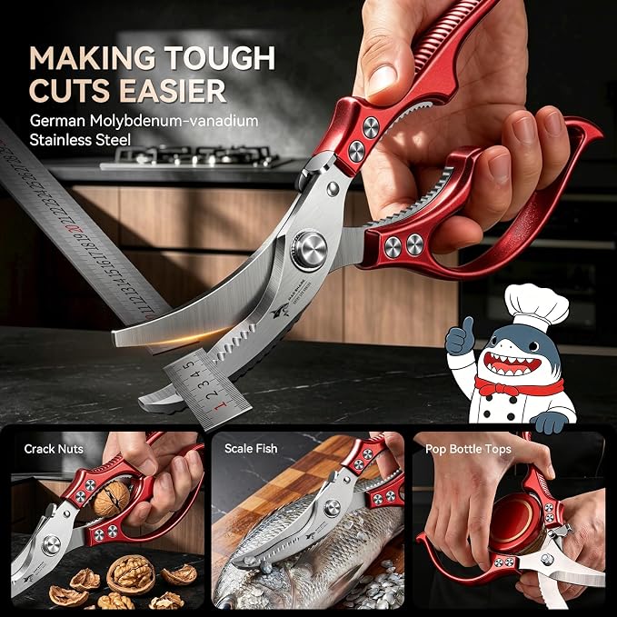 MAD SHARK Heavy Duty Poultry Shears,Spring Loaded Butterfly Meat Scissors | Non-Slip Handle Kitchen Shears, Safety Lock, All Purpose Kitchen Scissors for Chicken, Meat Cutting, Turkey, Fish, Vegetables
