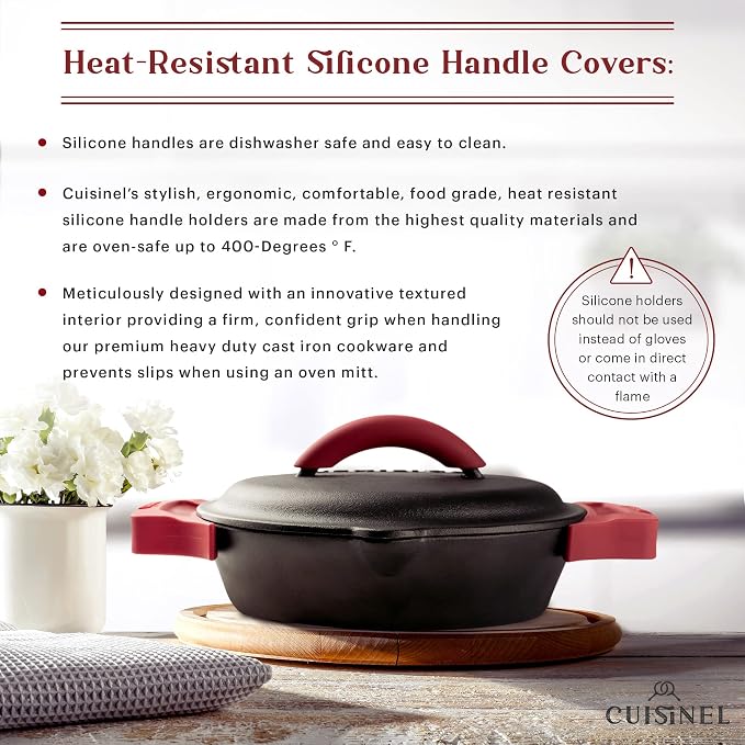 Cuisinel Cast Iron Skillet + Cast Iron Lid Set - 10+12"-Inch Dual Handle Frying Pans + Pan Scraper + Silicone Handle Covers - Preseasoned Indoor/Outdoor, Grill, Stovetop, Induction, Oven Cookware