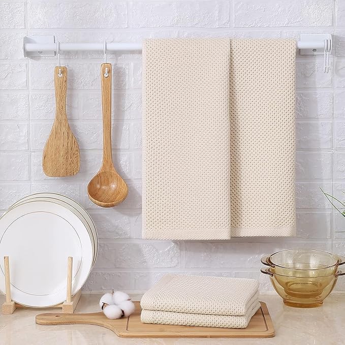 Kitinjoy 100% Cotton Waffle 12-Pack Kitchen Towels, 13" x 28", Beige | Super Soft, Ultra-Absorbent, Fast Drying, lightweight, Quick Drying Kitchen Hand Towels