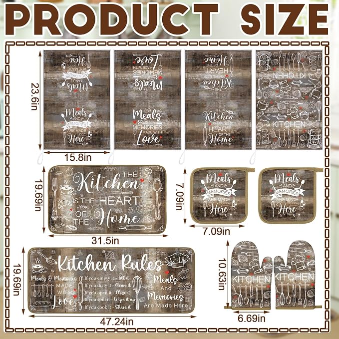 Fourluoo 10 Pcs Brown Kitchen Decor and Accessories Set Farmhouse Oven Mitts and Pot Holders Brown Dish Towels Kitchen Rugs and Mats for Home Decorations Baking Cooking Birthday Summer Gifts