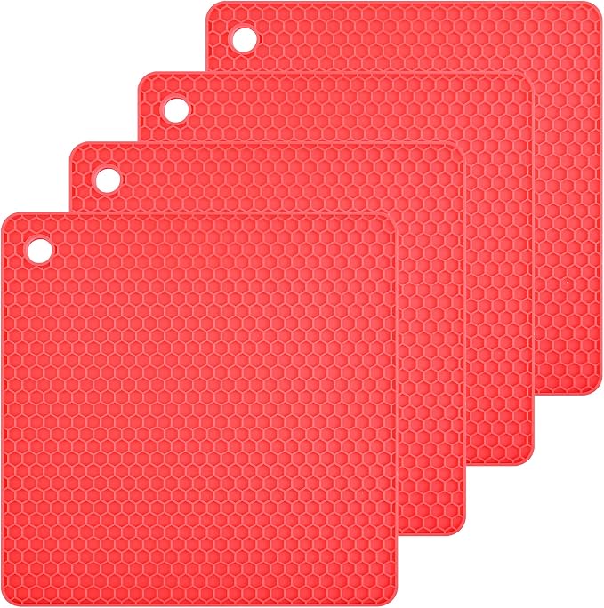 Silicone Trivet Mat for Hot Dish and Pot Hot Pads Counter Mat Heat Resistant Tablemats or Placemats 4 Pack,Size:7.5x7.5 Inch, Color: Red, Shape:Square