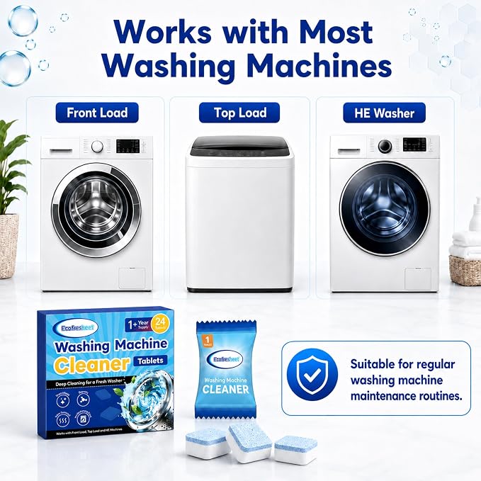 Washing Machine Cleaner Tablets 24 Count, Deep Cleaning Washer Cleaner for Front Load & Top Load Washers, HE Washer Cleaning Tablets, Helps Reduce Odors & Buildup