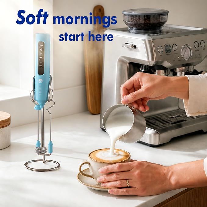 Rechargeable Milk Frother with Stand, 4 Interchangeable Whisks & Travel Case – Handheld Mixer for Lattes, Matcha, Hot Chocolate, Eggs & Protein Shakes