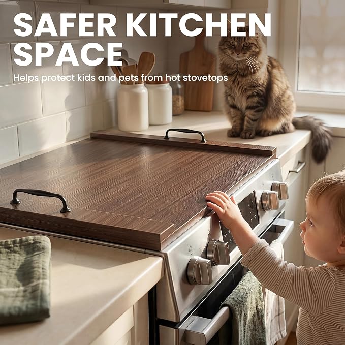 Noodle Board Stove Cover with Handles, 29.5 x 22 Inch, Walnut | Engineered Wood Cover for Electric, Gas and Glass Stove Tops, Raised Edge Serving Tray for Extra Counter Space