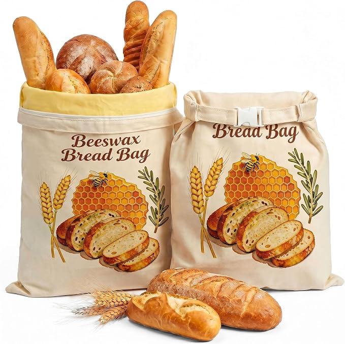 Beeswax Bread Bags for Homemade Bread - 2 Pack- Extra Large 17"×13" Reusable Sourdough Bread Bags for Storage with Zipper Closure, Keep Bread Fresh Naturally, Freezer Safe