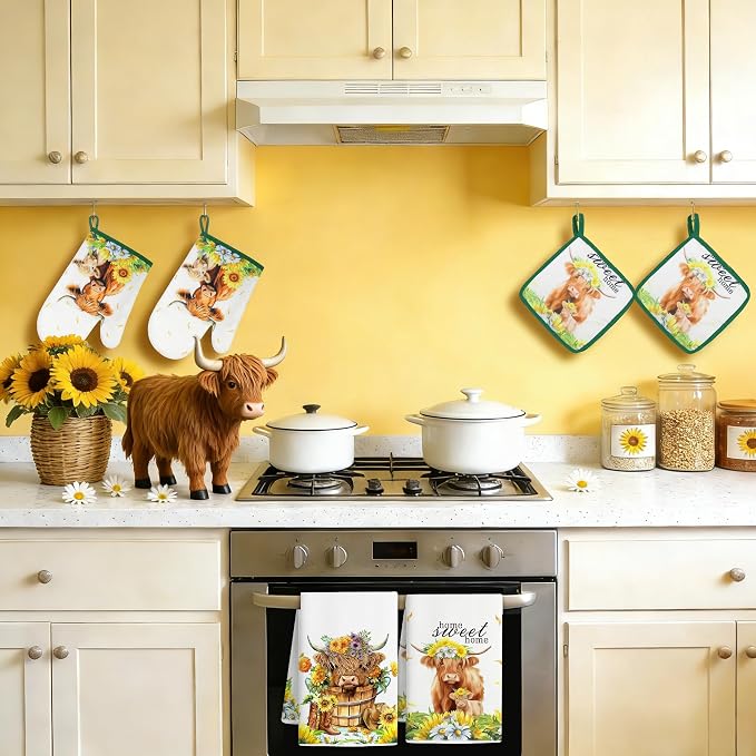 8 PCS Highland Cow Kitchen Decor and Accessories, 4 Dish Towels Set 2 Oven Mitts and Pot Holders Sets for Cooking Baking Home Sweet Home Sunflower Cattle Watercolor Farmhome