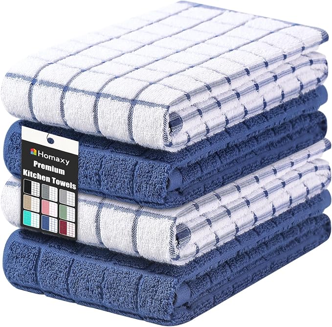 Homaxy Large Premium Cotton Kitchen Towels 16"x 28", 4 Pack, Navy Blue | Natural Ring Spun 390 GSM Dish Towels, Super Absorbent Terry Kitchen Hand Towels, Soft Tea Towels with Hanging Loop