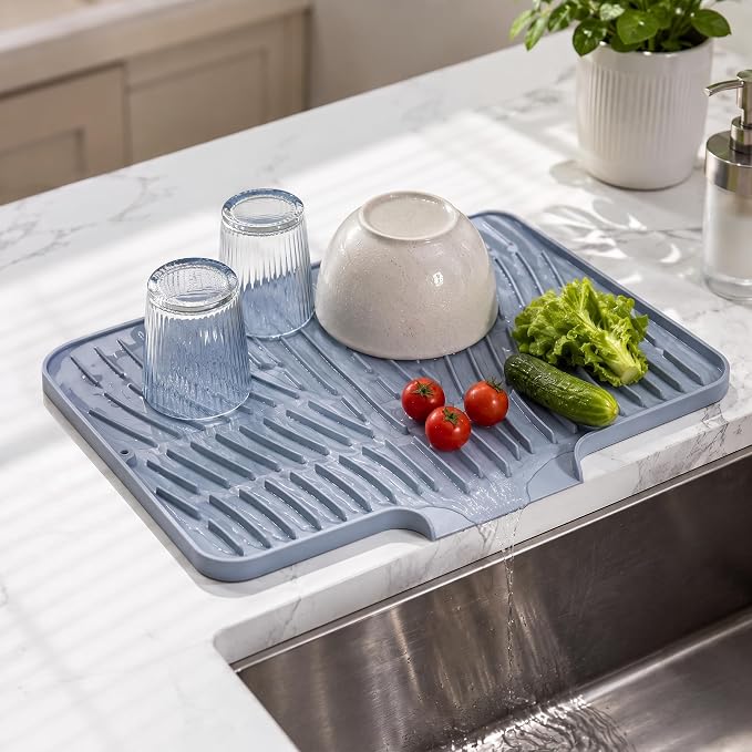 Silicone Dish Drying Mat with Drain Lip, 15.8 x 13 in, Gray | Raised ridges elevate dishes and create space for water to move across the silicone surface.