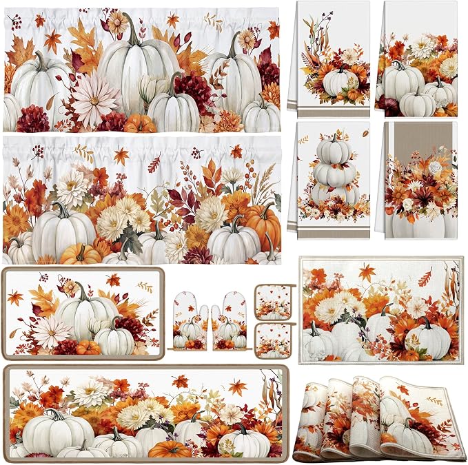 16 Pcs Fall Pumpkin Kitchen Decor and Accessories Set 4 Fall Kitchen Towel 4 Pumpkin Placemat 2 Non Slip Rug and Mat Set for Floor 2 Oven Mitt Glove 2 Pot Holder 2 Curtain for Harvest Home Decor Gift