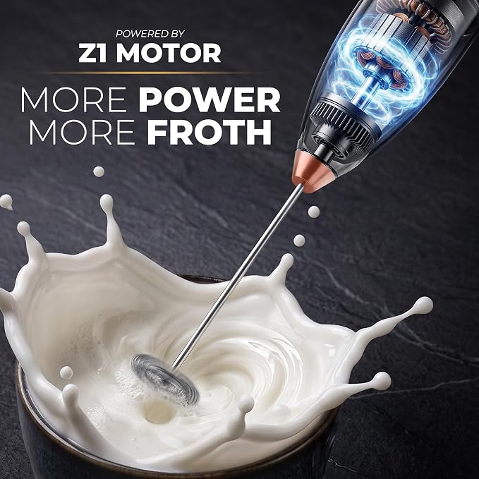 Zulay Kitchen Powerful Milk Frother Wand With Duracell Batteries - Ultra Fast Handheld Drink Mixer - Electric Whisk Foam Maker for Coffee, Lattes, Cappuccino & Matcha - Z1 Motor - Exec Black Copper