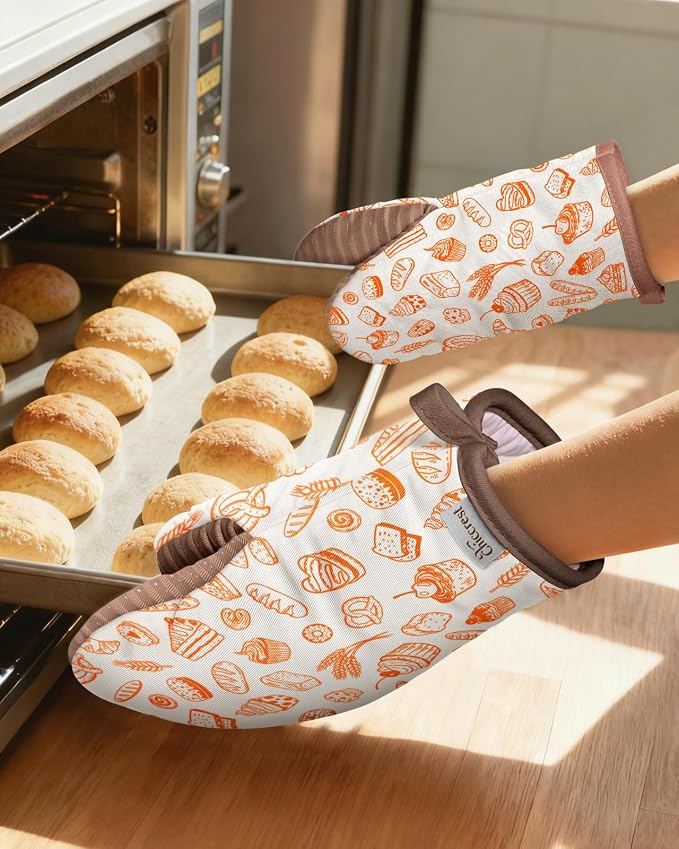 100% Thick Cotton Mini Oven Mitts with Silicone Grip Bakery Bread | Girly Cute Oven Mitts for Women, Machine Washable, Non-Slip, Reversible Design Fits Both Hands, Stylish Kitchen Decor