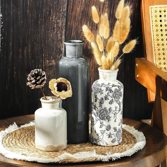 Ceramic Vintage Vase Set of 3, Vintage Flower Vases Home Decor Chinoiserie Decorative Retro Floral Vase Rustic Farmhouse Decor for Table Bookshelf Mantel Kitchen Living Room Office - Gray
