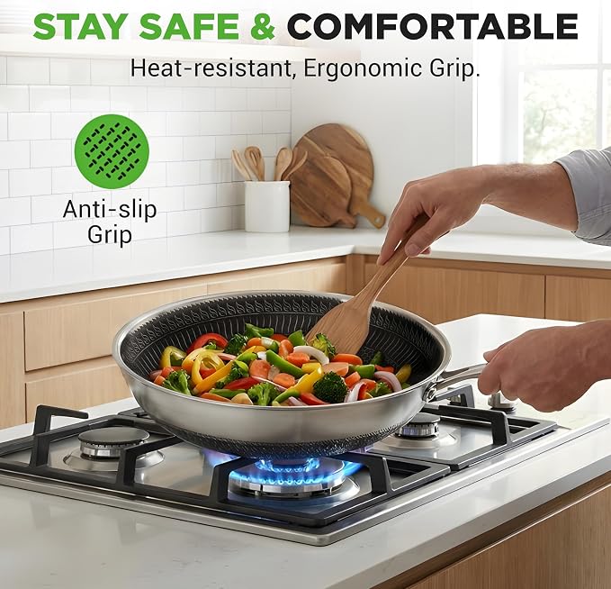 NutriChef 12" Stainless Steel Durable Wok - Triply Kitchenware Wok with Glass Lid, Side Handle - DAKIN Etching Non-Stick Coating, Scratch-resistant Raised-up Honeycomb Fire Textured Pattern