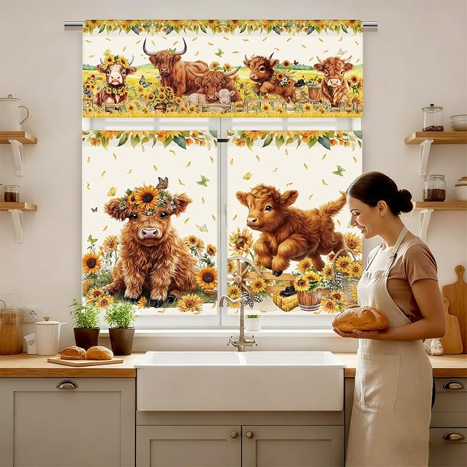 13 Pcs Farmhouse Highland Cow Kitchen Decor Set 3 Cow Kitchen Curtains Valance 2 Sunflower Rugs and Mats 4 Towels 2 Pot Holders 2 Oven Mitts for Home Decor Cooking Grilling Housewarming Gift