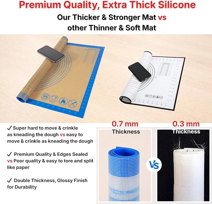 Silicone Pastry Mat with Measurements, 26 x 16 Inch Extra Thick Non-Slip Nonstick Large Baking Mat for Dough Rolling, Kneading, Fondant and Pie, Blue