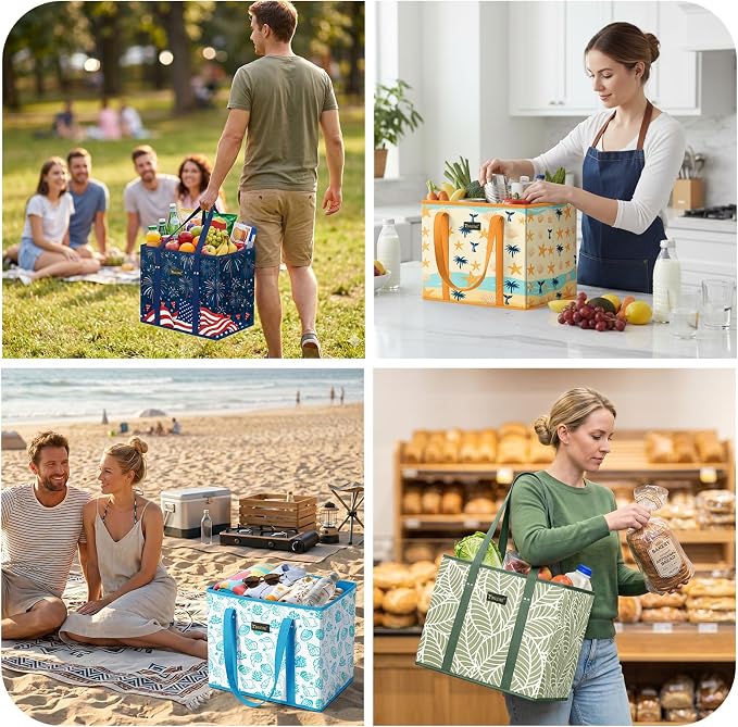 BALEINE 3PK Reusable Grocery Bags, Heavy Duty Shopping Tote Bag | 12'' Long Handles, Reinforced Bottom Keeps Upright, Fold Flat Storage, Water-Resistant Shopping Bag, Multiple Color Options