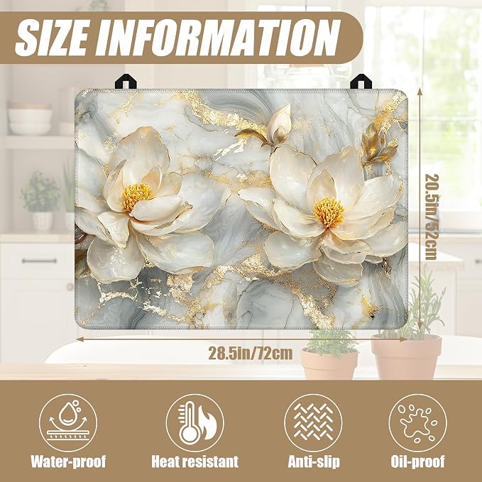 Magnolia flower Stove Top Covers for Electric Stove,Gold Marble Electric Gas Stove Pad Heat Resistant Range Cooktop Protector for Home Decor Kitchen 28"x20"