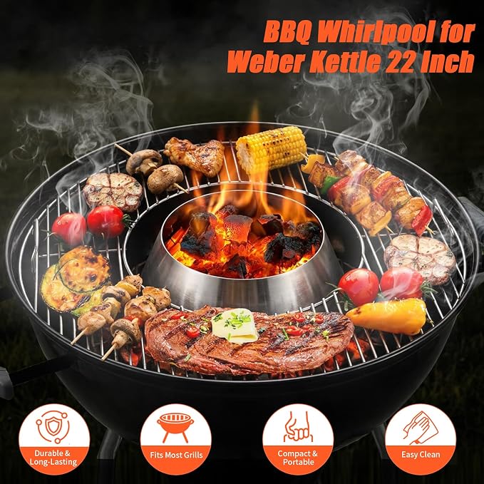 QuliMetal Stainless Steel BBQ Whirlpool for Weber Kettle 22 26.75 Inches | WSM, Big Green Egg, Kamado Joe, Weber Smokey Mountain Charcoal Briquet Holders, Kettle Charcoal Grill Accessories