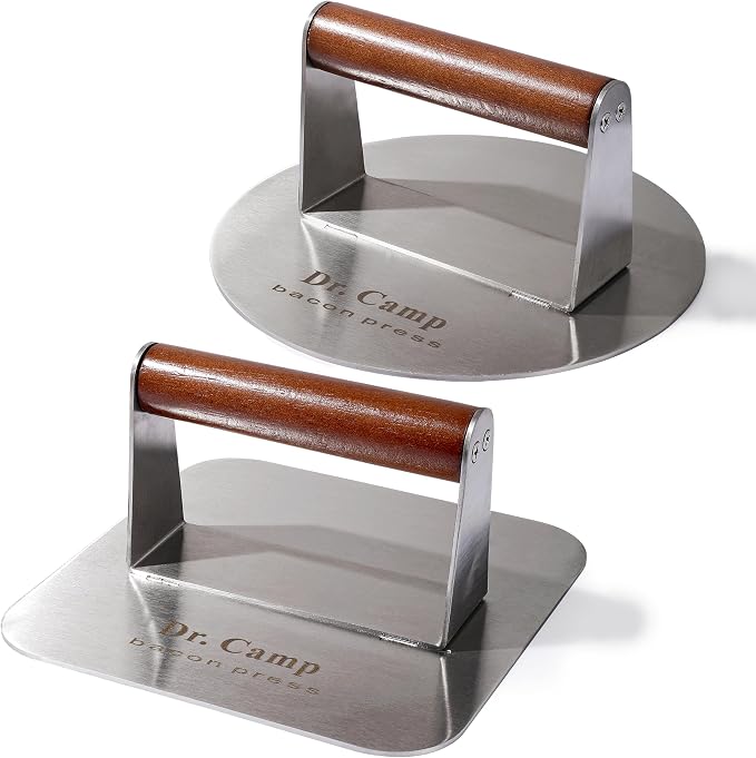 Dr.Camp 2 Pack Stainless Steel Burger Press with Real Wood Handle 7 Inch Smash Burger Press Bacon Press Grill Press Set for Griddle Flat Top Hamburger Smasher Meat Press