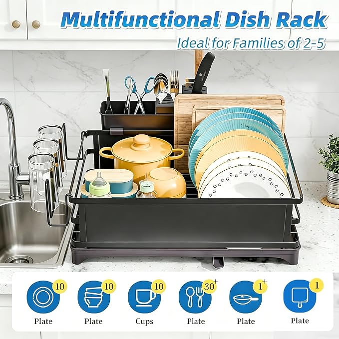 Simple Trending Dish Drying Rack for Kitchen Counter, 11.7" x 16.5", Black | Stainless Steel Dish Rack for Kitchen Counter, Dish Drainer with Cutlery & Cup Holders, Anti-Rust, Counter Space Saving