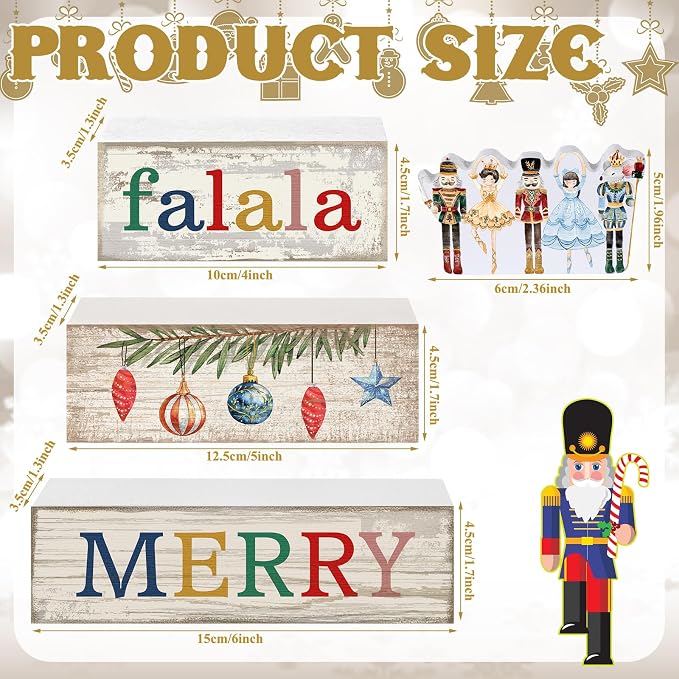 Lineshading 4 Pcs Wooden Nutcracker Block Signs Christmas Farmhouse Decor | Nutcracker Ballet Theme, 3-tiered Stackable Blocks, Rustic Wood Finish for Mantel Shelf Tabletop, Vintage Home Accents