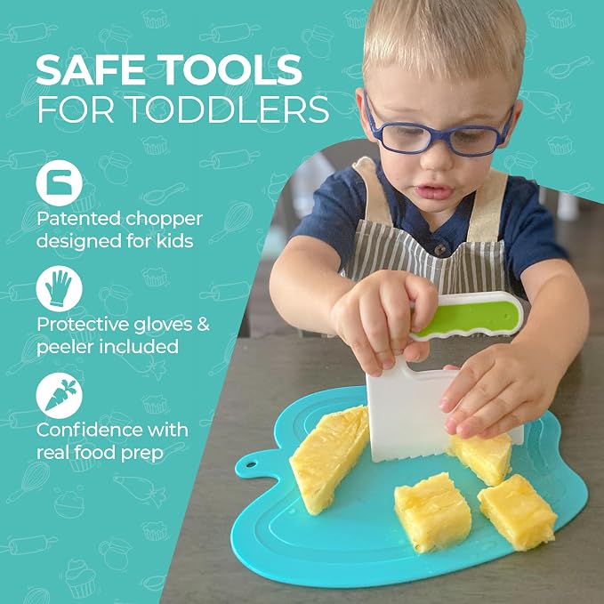 Toddler First Knife and Cutting Board | Safe Skills | Ages 3-8 | Montessori Toddler Cutting Set | Chopper Safety Gloves Peeler | Visual Recipe Book Step by Step Photos | First Chef Gift