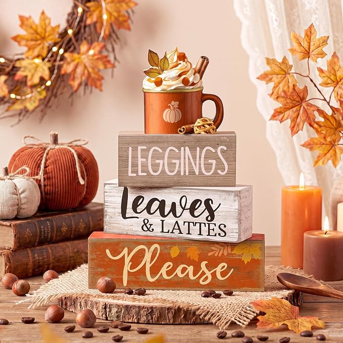Lineshading 4 Pcs Fall Wood Block Signs Farmhouse Tiered Tray Decor Lattes | Rustic Tabletop Home Styling, Stacked Design with Pumpkin Cup Topper, Autumn Leaves Theme for Seasonal Gifting Display